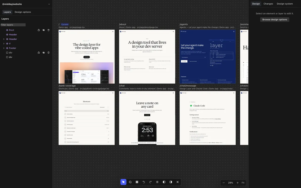 Canvas view: every page of the app on one board, each a live frame.