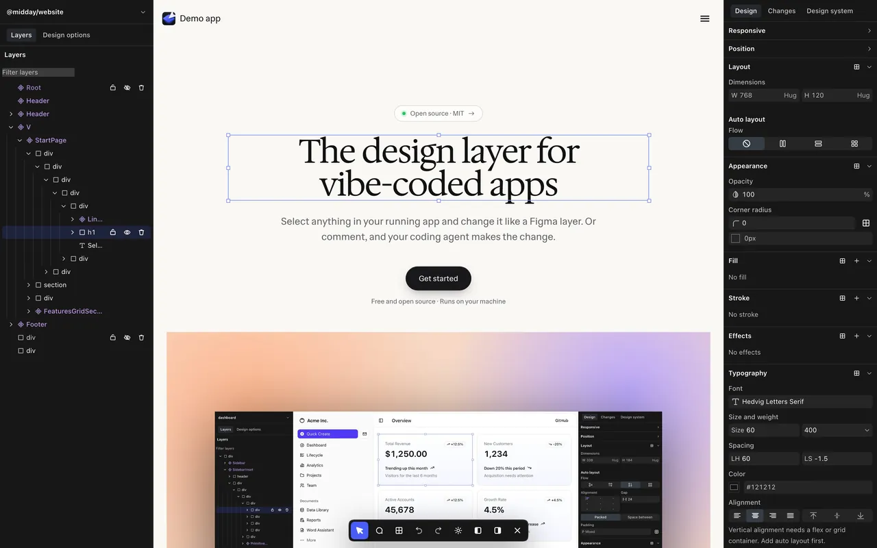 Design Layer open on a running app: the Layers panel on the left, the selected element outlined on the page, the inspector on the right, and the toolbar along the bottom.